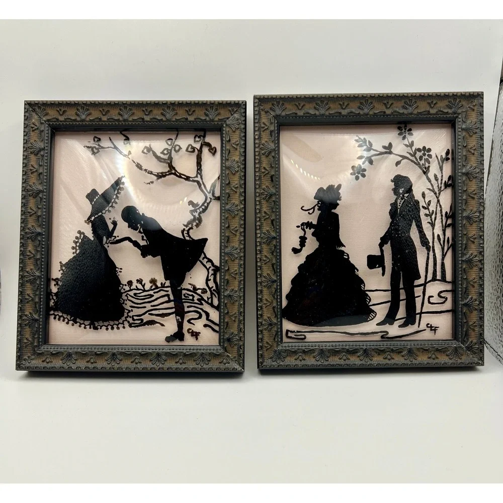 Hand-Painted Silhouette Art Set 2 beige Black Excellent Convex Glass